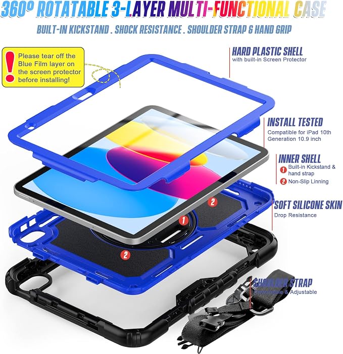 Case Compatible with iPad (A16) 11th 2025/10th Gen 2022 | Built-in Screen Protector Pen Holder Heavy Duty Shockproof Rugged Protective Case W/Handle Shoulder Strap