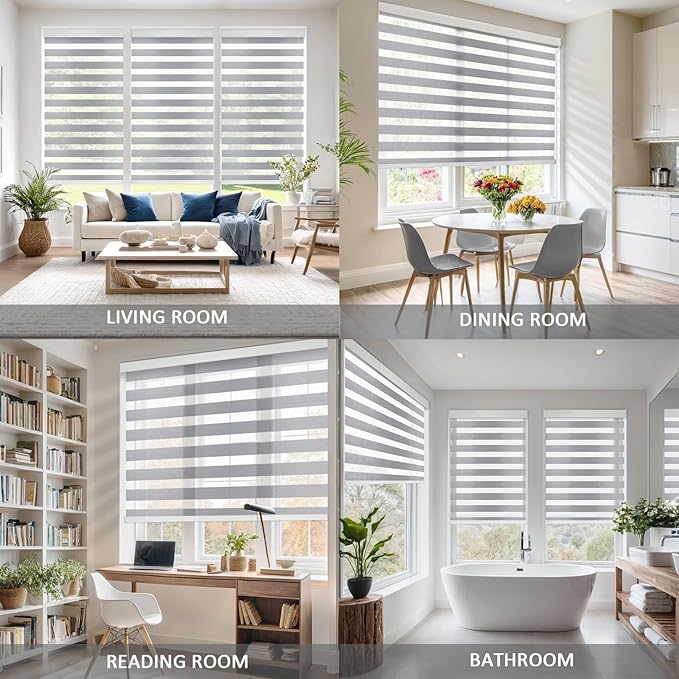 COOLWINDS Motorized Zebra Blinds for Windows Cordless Electric Curtains with Remote Control Blackout Shades Custom Smart Blinds Compatible with Alexa Google Home(Light Filtering Grey,W45 X 72in)