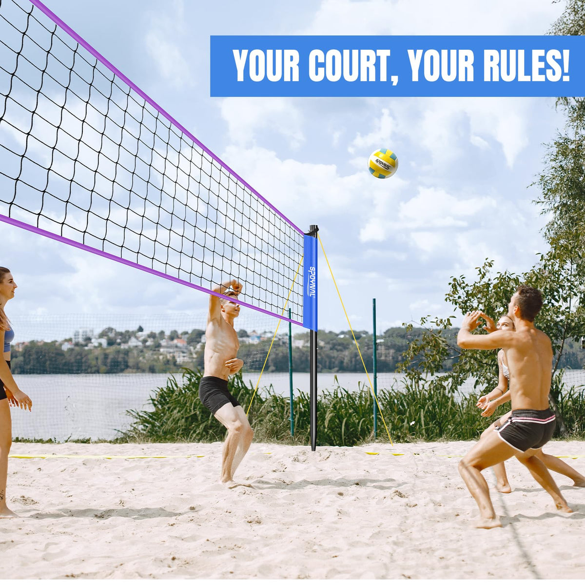 Portable Volleyball Net for Backyard, 32 FT Adjustable Height Blue&Purple