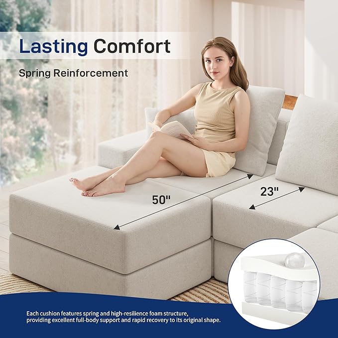 Living&Giving 101" U-Shaped Cloud Sectional Couch for Living Room, Cloud Boneless Couch-No Assembly with Reversible Chaise, Customizable 3-Seat Modular Sectional Sofa with 2 Ottoman, Beige
