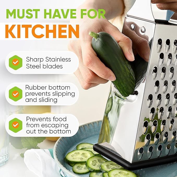 Spring Chef Stainless Steel Cheese Grater, Large Box Grater for Kitchen