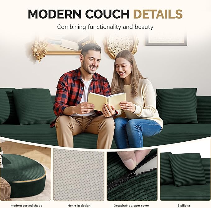 128" Oversized Modern Curved Sofa,Boneless Cloud Sectional Couch with Deep Seat,No Assembly Required Corduroy Couches for Living Room,Green,1 PCS