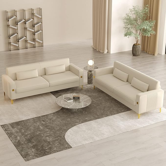 2PCS 85.63" Beige Velvet Sofa,Modern Loveseat Couch with Pillows Set of 2 for Living Room,Bedroom,Apartment Furniture with Gold Metal Legs