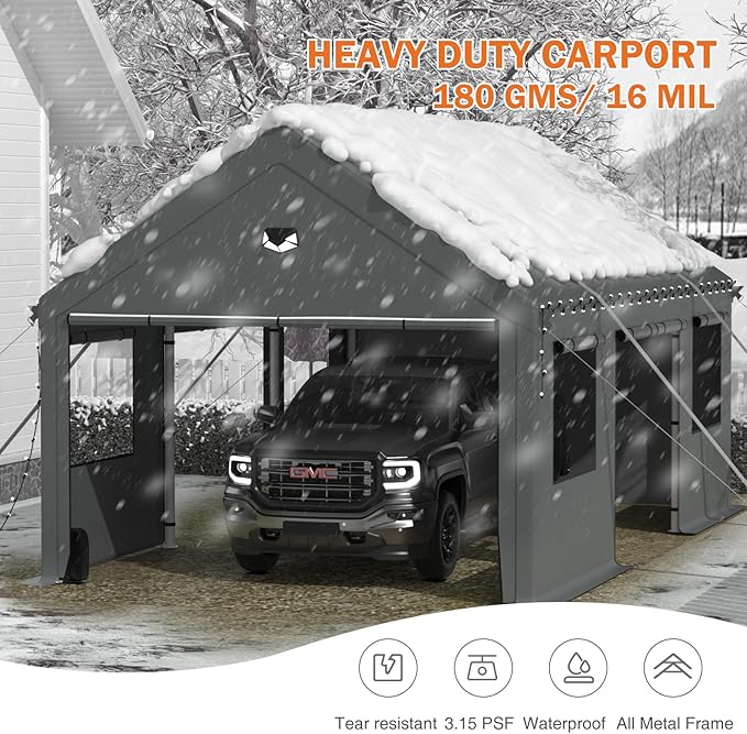 Carports 10X16 Heavy Duty，Portable Car Port Garage，Carport Canopy with Side Doors，Outdoor Car Shelter All Weather,Grey