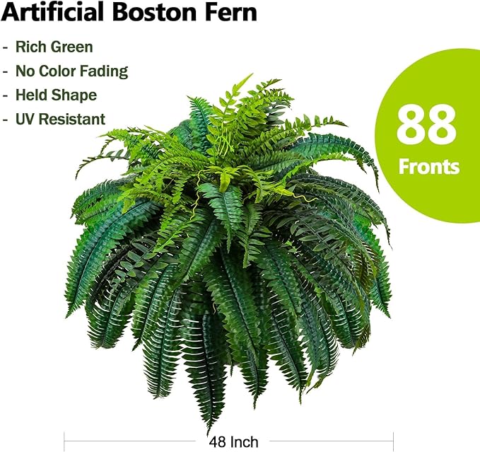 88 Leaves Fake Ferns, Large Artificial Boston Fern, Faux Fern Plants for Home, Office, Garden Indoor Outdoor Decoration(48 inch,1pack)