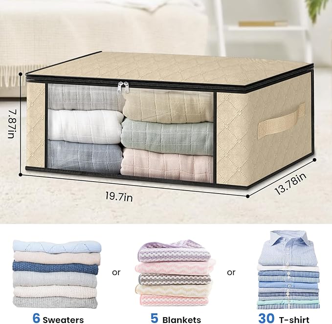 HomeHacks Storage 6-Pack Clothes Organizer Storage Bags Foldable Storage Box with Large Clear Window Sturdy Handles for Closet, Dorm, Pillows, Bedding, Clothes, Blankets, 35L, Beige