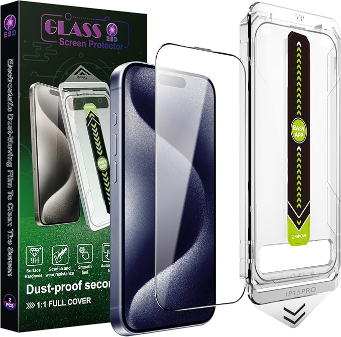 [2-Pack Ultra HD Clear Screen Protector for iPhone 15 Pro (6.1-Inch),9H Tempered Glass,Full Coverage,Anti-Fingerprint,Auto Dust Removal,Bubble-Free,Easy Installation