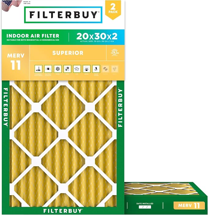 Filterbuy 20x30x2 Air Filter MERV 11 Superior Pet & Allergy Defense,