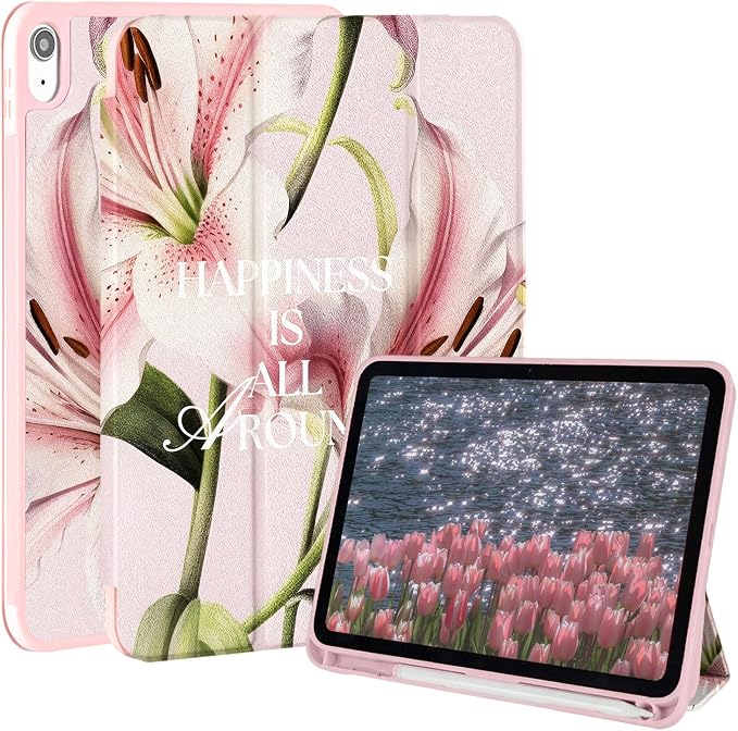 Case for iPad 9th/ 8th/ 7th Generation Case 10.2&amp10.5 Inch (2021/2020/2019 Release) Slim Lightweight Soft Trifold Back Cover with Pencil Holder &amp Auto Sleep/Wake Cover Cherries Cheetah Bows