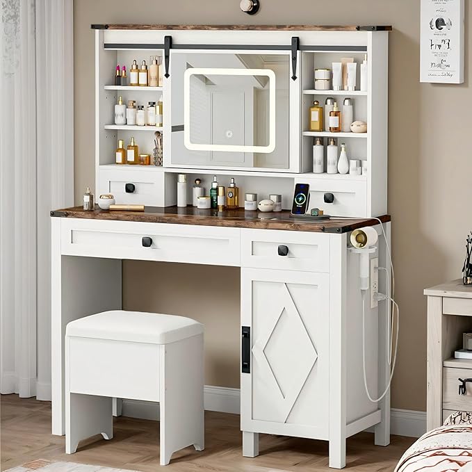 IRONCK Farmhouse Vanity Desk with Sliding Mirror & Lights, Glass Top Makeup Vanity Table with Power Outlet, 3 Color Lighting Modes, 4 Drawers & Storage Cabinet, Includes Cushioned Stool for Bedroom