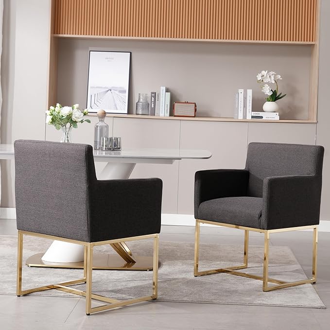 Upholstered Dining Chairs with Armrest Set of 2 Mid Century Modern Accent Chairs Armchairs with Gold Metal Frame, Modern Kitchen & Dining Room Chairs, Charcoal