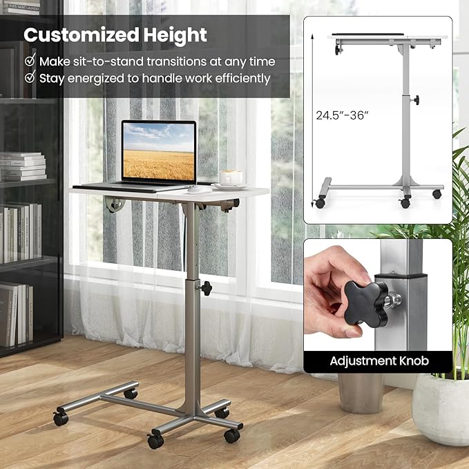 COSTWAY Rolling Laptop Stand, Mobile Laptop Tray and Cart with 45 °Degree Swivel Tilting Tabletop, Height Adjustable Mobile Podium from 24.5'' to 36'', Overbed Computer Table for Sofa, Bed (White)