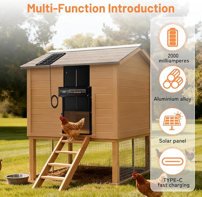 Automatic Chicken Coop Door Solar Powered with Remote Control, Timer & Light Sensor - Anti-Pinch Safety, 4 Modes, Alarm for Chicken Run, Poultry Habitat and Duck Coop