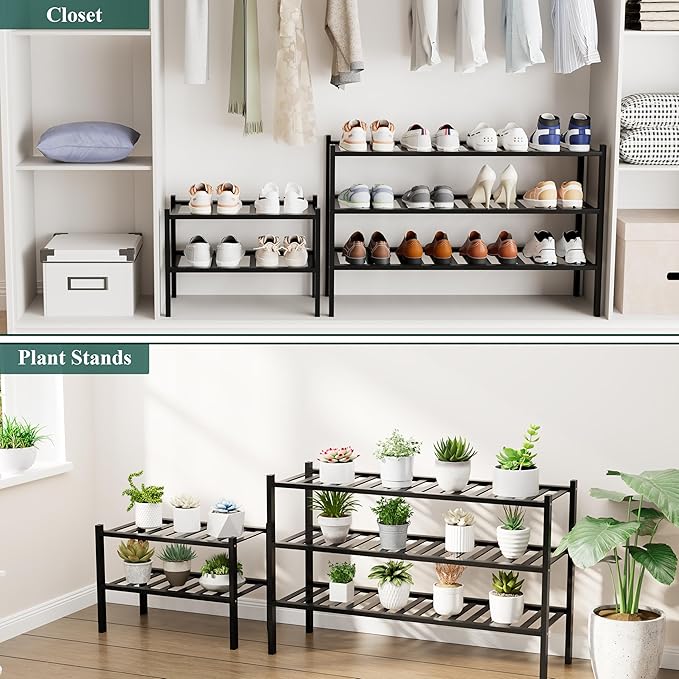 Smiry Shoe Rack, 2 Tier Small Bamboo Shoe Organizer, Stackable Free Standing Wooden Shoe Storage Shelf for Closet, Entryway, Front Door Entrance, Black