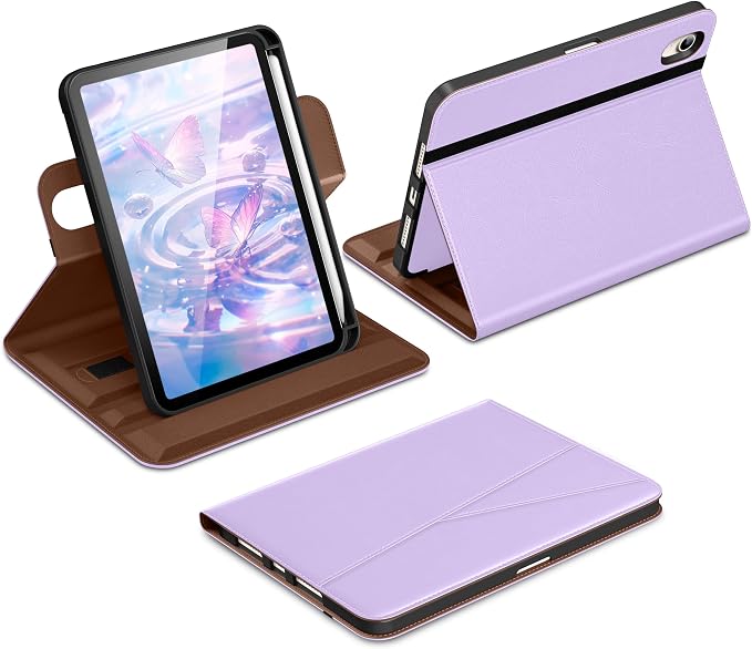 DTTO for iPad mini 7 A17 Pro 2024 aslo fit iPad mini 6 2021 Brown | 360 Degree Rotating Premium Faux Leather Folio Stand Cover with Pencil Holder Auto Sleep/Wake Multiple Angles Hand Strap