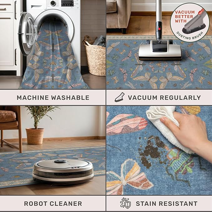 Insect 3x5 Washable Stain Resistant Rugs for Large Kitchen, Ultra Soft Faux Wool Rugs for Kids Bedroom Beside Bed, Non Slip Entry Rug, Low Pile Fade Resistant, Dusty Blue
