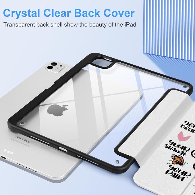 Case for iPad Pro 11 inch M5 2025 /M4 2024 Blue Ribbon Stripe | Blue Ribbon Stripe Folio Case with Clear Back Pencil Holder Trifold Stand and Auto Sleep/Wake for Preppy Aesthetic Users