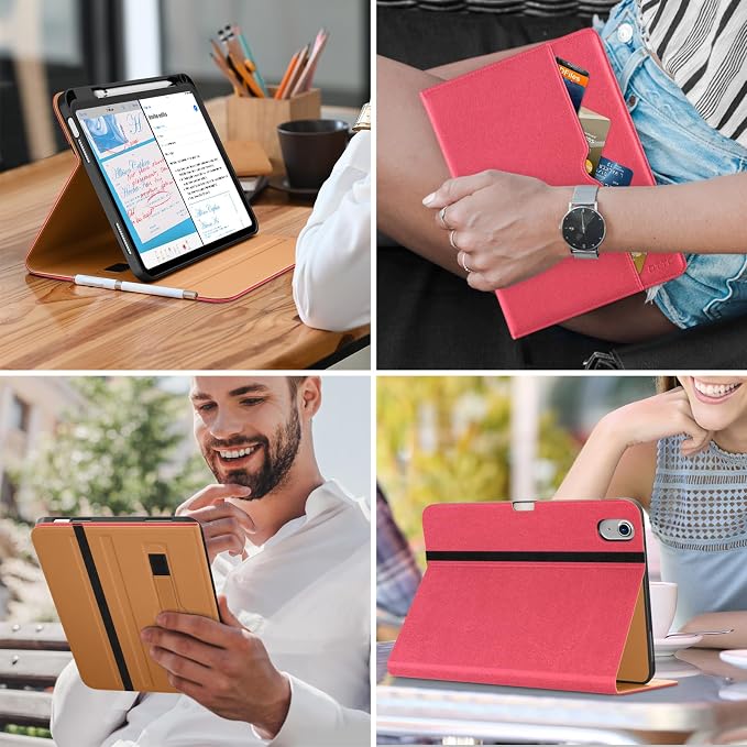 DTTO for iPad (A16) 11th Generation 11-inch &amp 10th Gen Case Brown | Premium Leather Business Cover with Pencil Holder Hand Strap &amp Pocket Corner Protection Auto Sleep/Wake for Work &amp