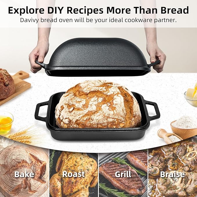Davivy 9QT Dutch Oven for Sourdough Bread, Non-stick Cast Iron Sourdough Bread Loaf Baking Pan, Large Capacity Cast Iron Loaf Pan, with Silicone Oven Mitts, 12.3" x 9.2", Matte Black