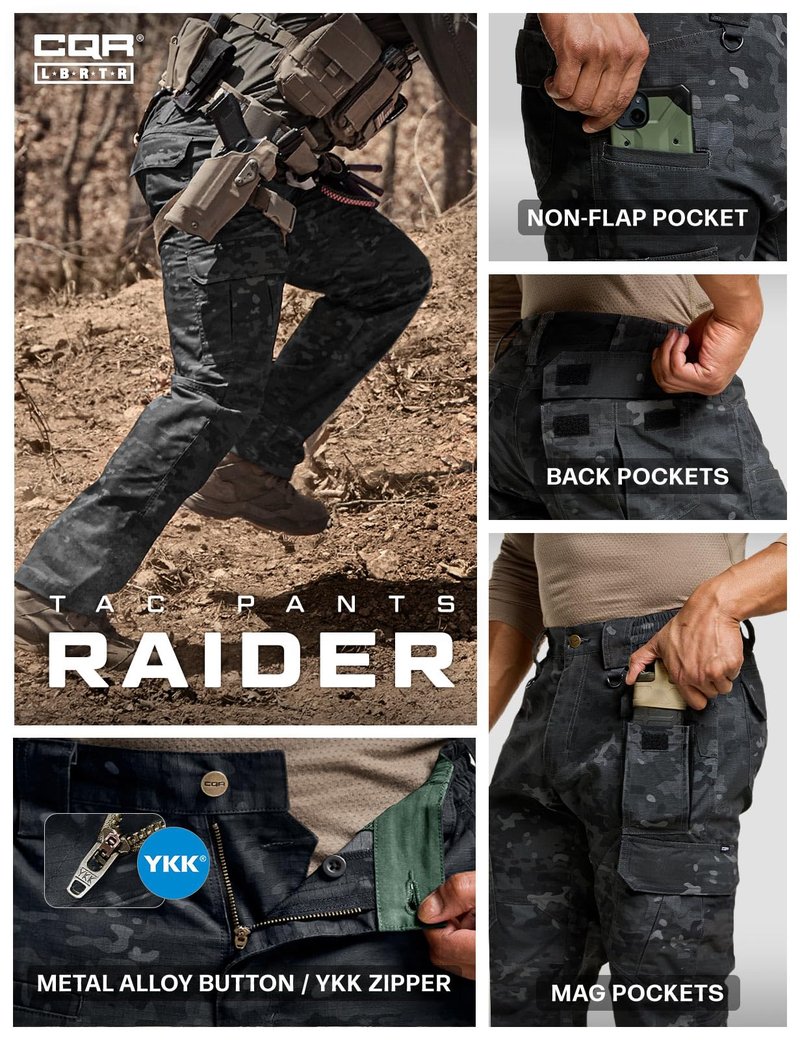CQR Men's Tactical Pants, Water Resistant Ripstop Cargo Pants, Lightweight EDC Work Hiking Pants, Outdoor Apparel, Duratex Mag Pocket Print Utility Camo Black, 42W x 30L