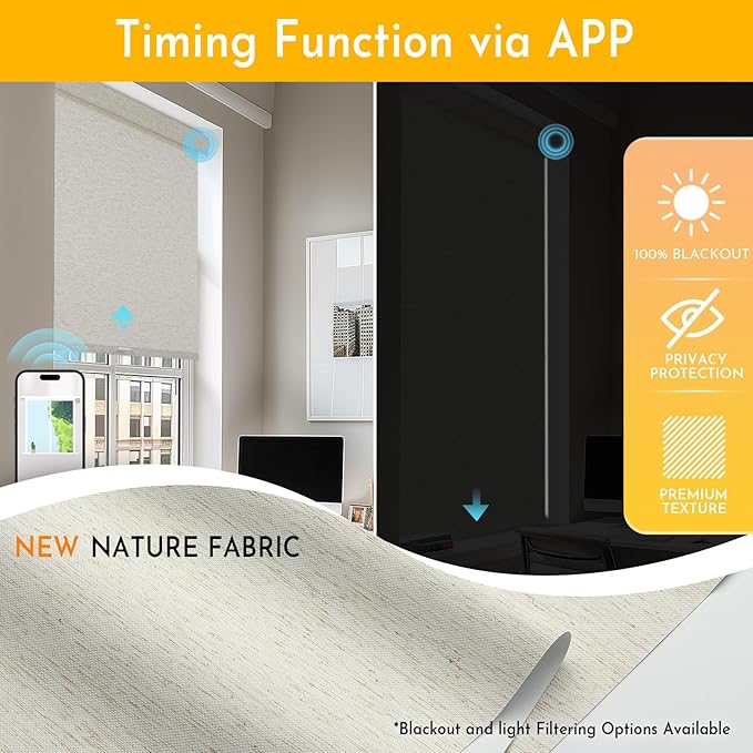 Persilux Smart Motorized Blinds with Remote, No Drill Automatic Roller Shades for Indoor Windows, Blackout Linen Fabric, Electric Blinds for Windows, Nature Cream C153BO-2, Custom Size