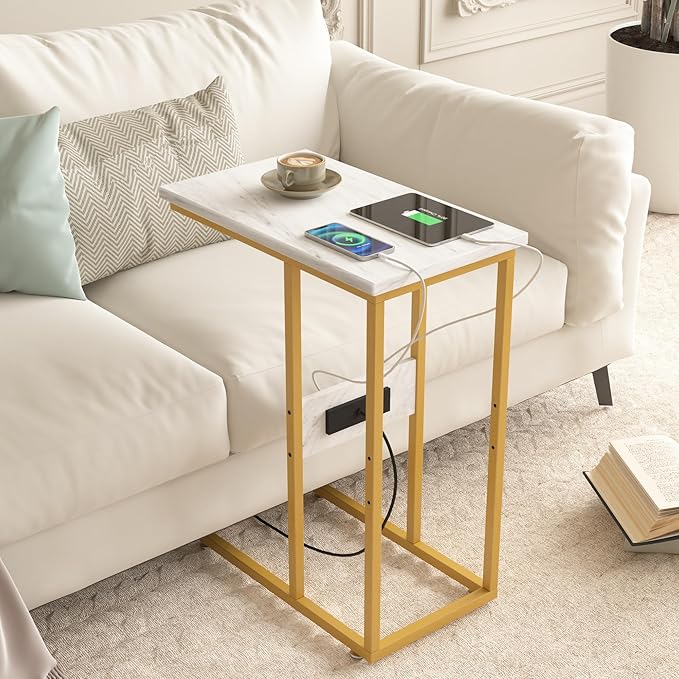 VECELO C Shaped End Table with Charging Station & Power Outlets, Quick Access Side Table for Sofa, C Bedside for Living Room Bedroom 2 Set,Gold