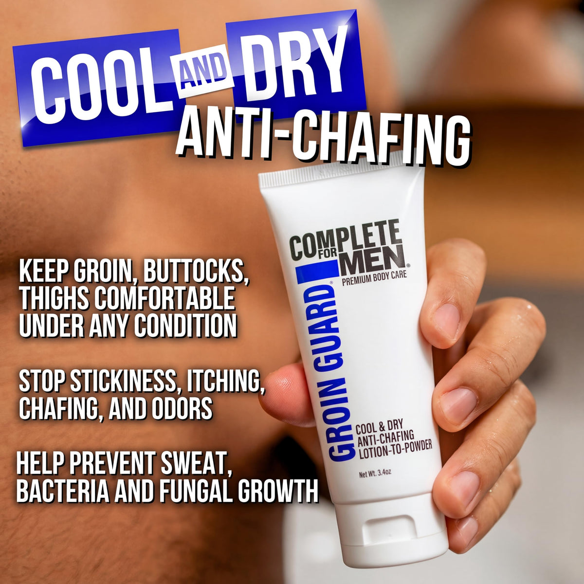 COMPLETE FOR MEN Groin Guard Anti-Chafing Cream Lotion to Powder, Stops Chafing, Sweat Defense, Odor Control, Fresh Scent, Ball & Thigh Protection