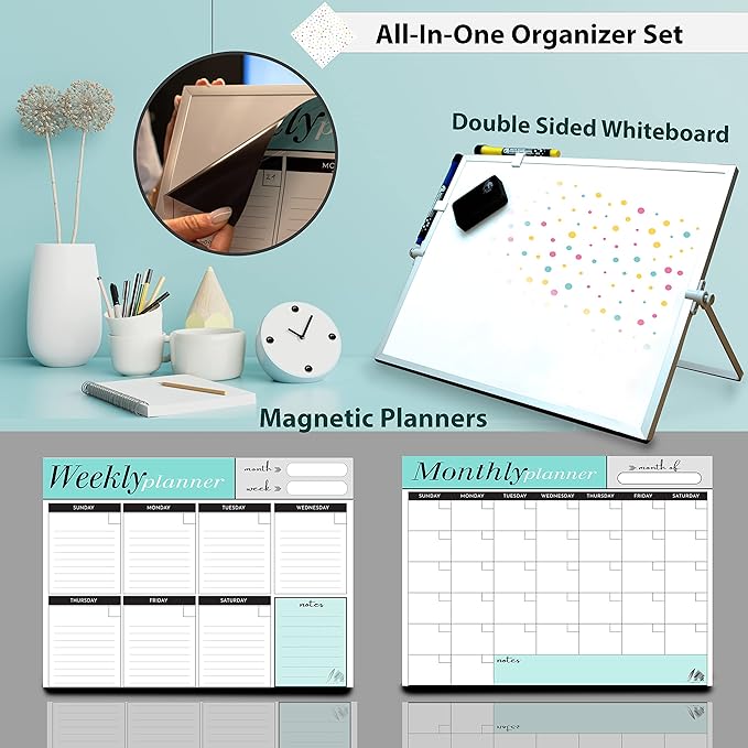 Weekly Dry Erase Board Black Frame, Desktop Calendar White Board with Weekly & Monthly Planners 12x16 inch, Magnetic to Do List with Stand, 6 Markers and Eraser. Whiteboard for Home and Office Desk