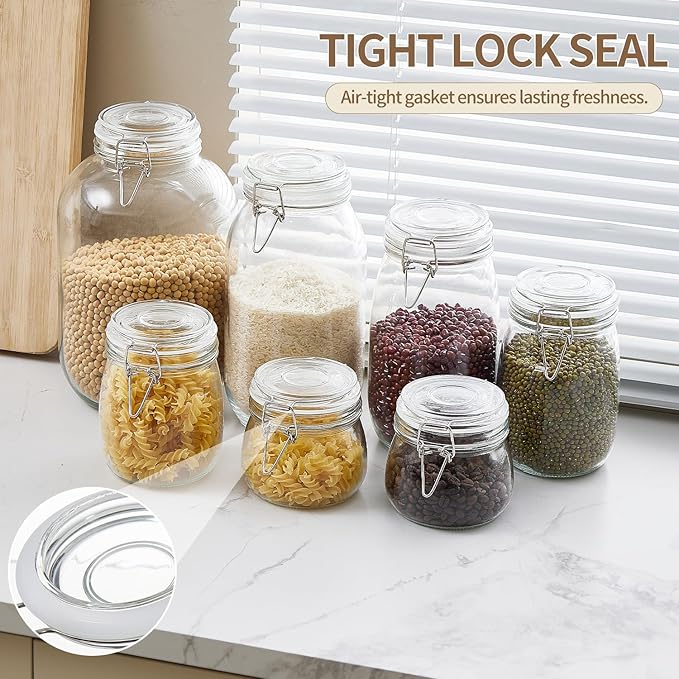 1 Gallon Glass Food Storage Jars with Airtight Lids, Set of 2 – Clear Preserving Seal Wire Clip Fastening Canisters for Kitchen Canning, Flour, Cereal, Pasta, Sugar, Beans, Pickling Jars (1gallon*2)