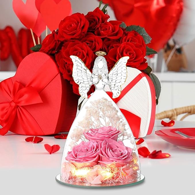 Ocosy Mothers Day Rose Gifts for her, Large Angel Rose Gifts for Women, Forever Real Roses in Angel Figurines, Angel Guardian with Roses Flower, Sweet Pink