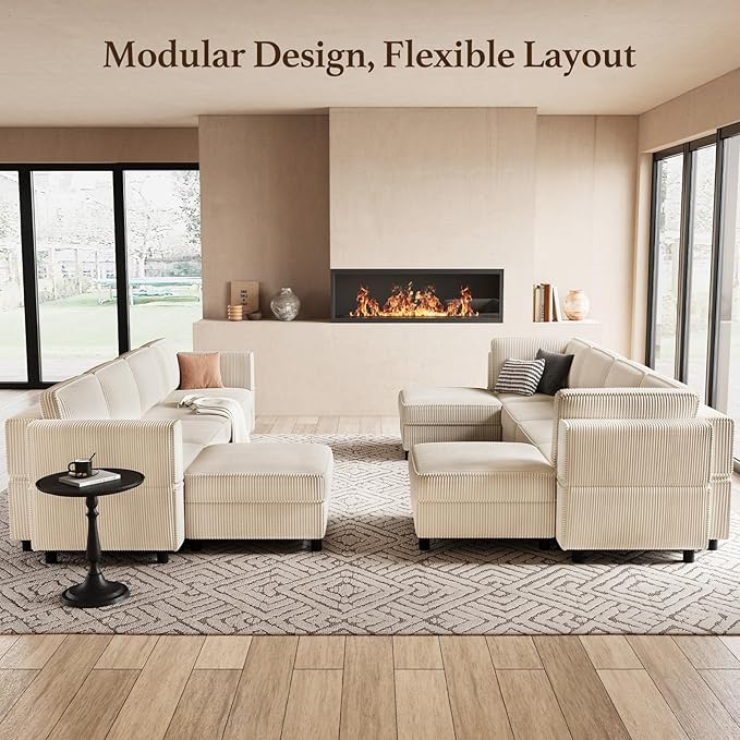 88.6" 9 Seat Modular Sectional Sofa with Deep Storage Seat,Corduroy Comfy Sectional Couch Convertible Modular Sleeper Sofa Couch with Movable Ottoman,Upholstered Couches for Living Room,Beige