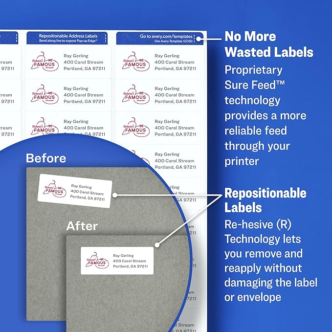 Avery Repositionable Printable Address Labels with Sure Feed, 1" x 2-5/8", White, 750 Blank Mailing Labels (58160)