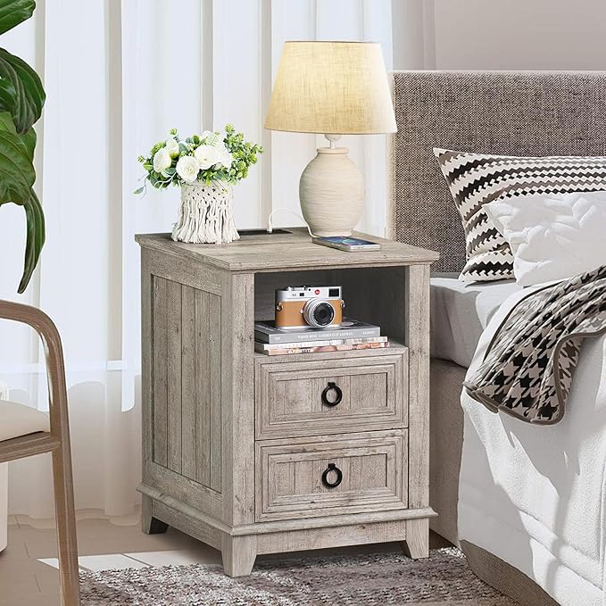 18" Farmhouse Night Stands Set of 2 with Charging Station, 2 Drawers End Table Dresser for Bedroom, Oak Wooden Nightstand, Bed Side Table with Open Shelf, Bedside Cabinet for Living Room