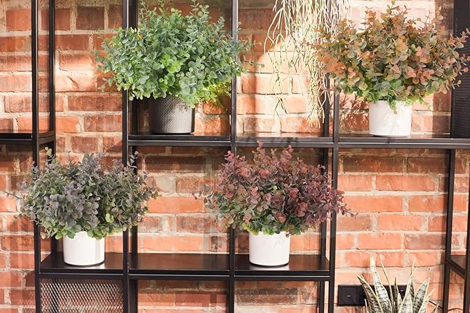 RECUTMS 8 Bundles Artificial Greenery Plants Stems Outdoor Fake Eucalyptus Plants Boxwood Bushes for Farmhouse Bathroom Office Vase Centerpiece Indoor Outdoor Decoration(Dusty Green)