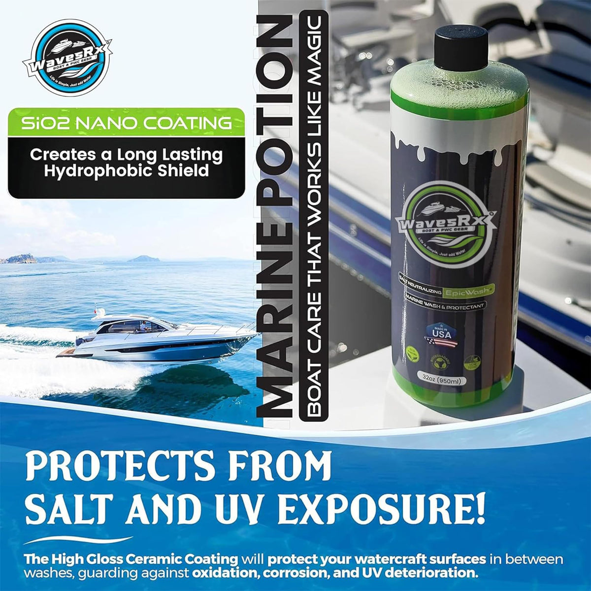 WavesRx Salt Neutralizing Boat Soap & Jet Ski Wash with SiO2 Surface Protection (EpicWash+) | Marine Grade Cleaner Removes Salt & Contaminants | Protective Ceramic Coating Prevents Buildup & UV Damage