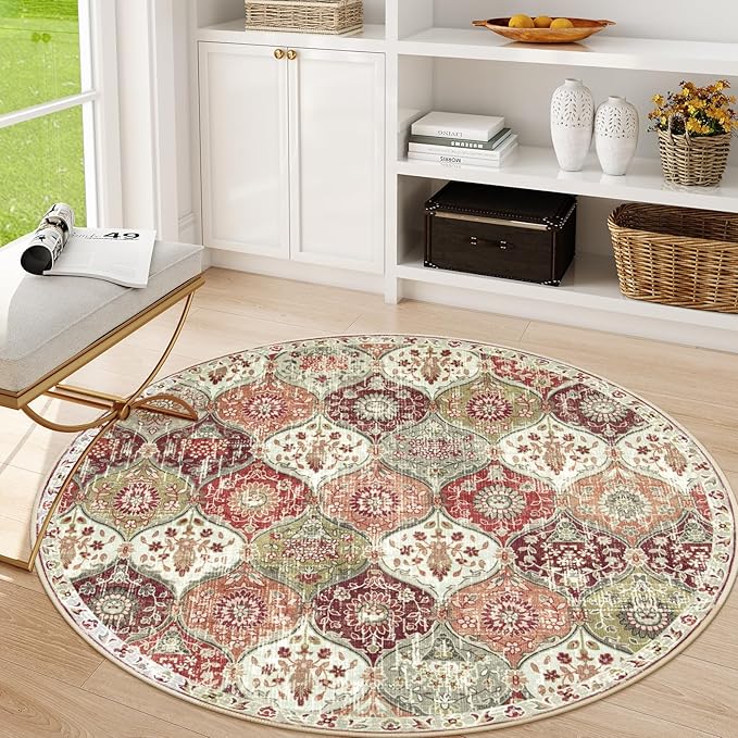 Lahome Moroccan Trellis Washable Round Rugs, Non-Slip Soft Round Rug 4ft Ultra-Thin, Small Vintage Circle Carpet for Entryway Kitchen Bedroom Nursery Bathroom, Orange/Terracotta