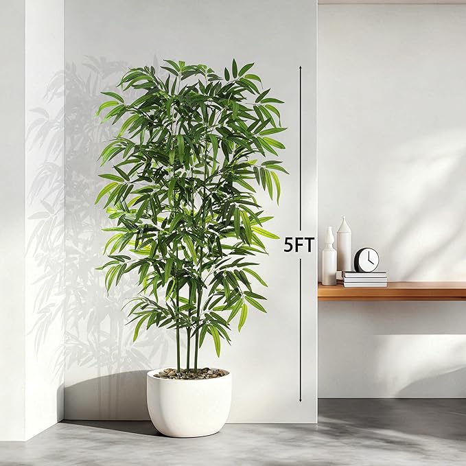 Artificial Tree Fake Plants, Artificial Bamboo Tree 5FT Tall in Black Potted, Artificial Tree Indoor Decor Bamboo Silk Tree with Natural Wood Trunk, for Home Office Living Room Modern