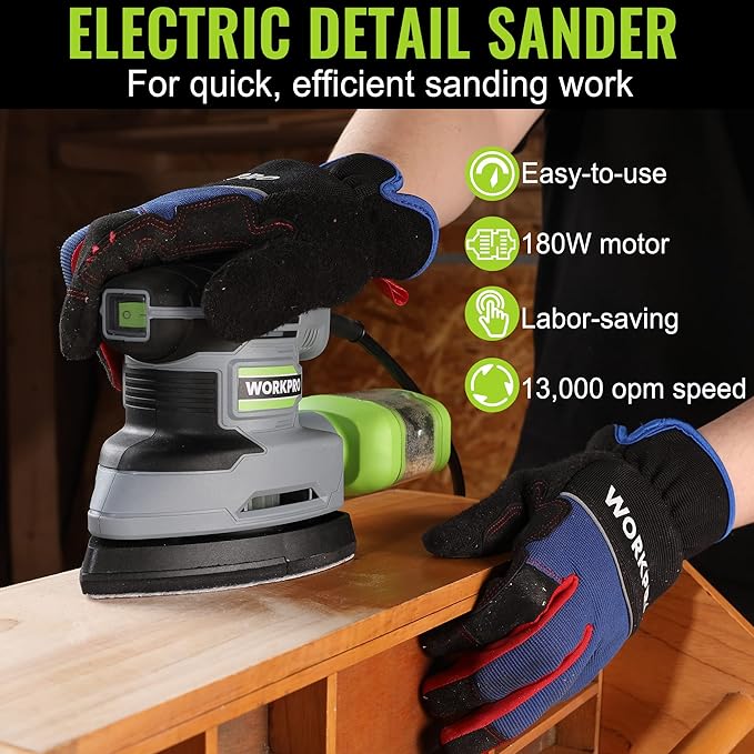 WORKPRO Detail Sander, 13,000 OPM Compact Electric Sander with Dust Collector, 1.6Amp Power Sander with 15PCS Sanderpapers for Tight Spaces Woodworking