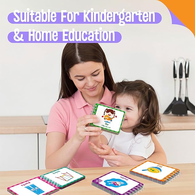 4 Kindergarten Learning Flipbooks, Double-Sided Mini Book Set - CVC, CVCC&CCVC, Sight Words & First Words, Early Educational Language Learning Tool for Kids