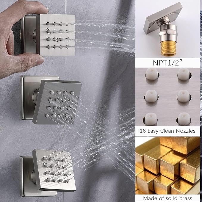 KATAIS Tempreature Display Shower System Brushed Nickel Shower Faucet Set with 12 inch and 8 inch Shower Head, with 6 PCS Body Jet, Handheld Spray