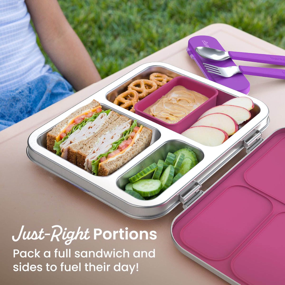 Bentgo Kids Stainless Steel Leak-Resistant Lunch Box - 3-Compartments with Bonus Silicone Container, Durable, Eco-Friendly, Dishwasher Safe, BPA-Free, Ideal for School, Ages 3+ (Fuchsia)