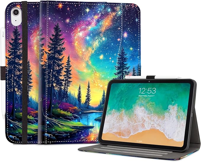 Lokigo Case for iPad (A16) 11th/10th Generation Aurora Forest | for iPad 11th-11 Inch/10th-10.9 Inch Stand Cover Pencil Holder/Hand Strap/Pocket Support Touch ID Auto Wake/Sleep