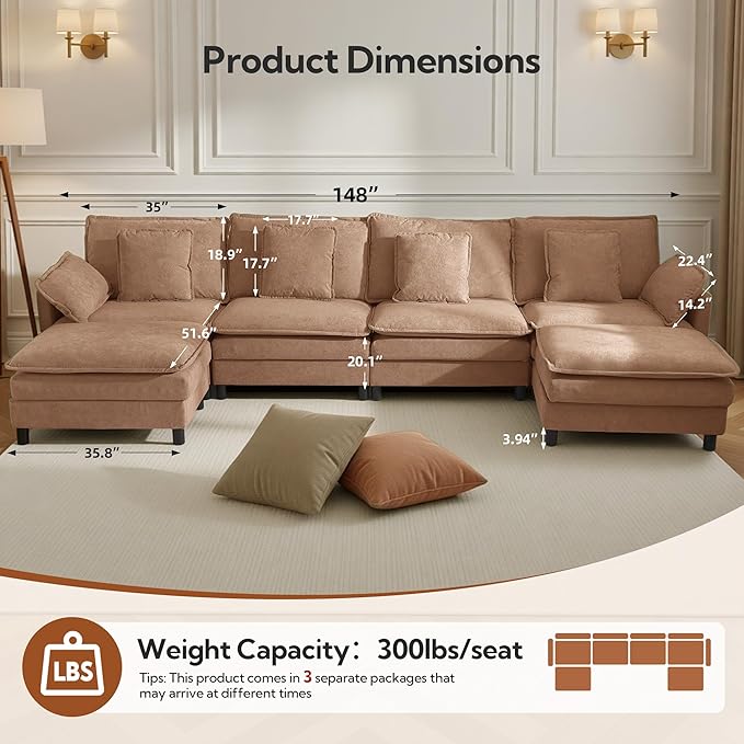 Claiks 148" Modular Sectional Sofa, Cloud Couch with Ottoman, U-Shaped 6-Seater Sofa in Chenille Fabric, Deep Seat Comfy Couch with Pillows for Living Room & Offices, Khaki