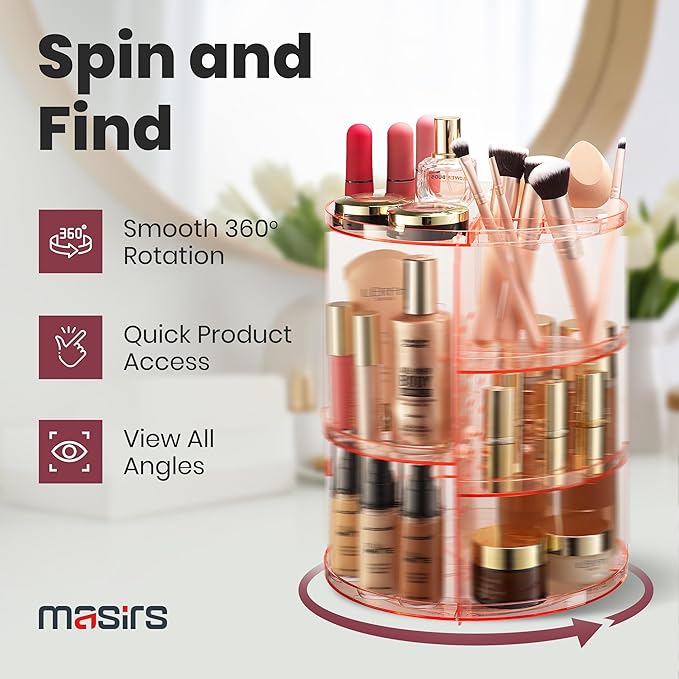 360 Rotating Makeup Organizer - Adjustable Shelf Height and Fully Rotatable - The Perfect Round Spinning Cosmetic Organizer for Bedroom Dresser or Vanity Countertop Storage (Pink)