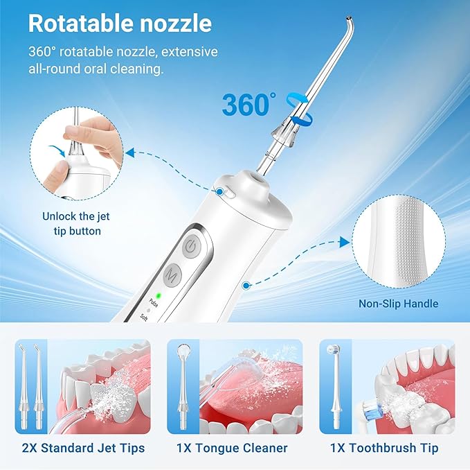 R REVA Cordless Water Flosser for Teeth, Gums & Braces – 4 Modes, 300ML Tank, 360° Nozzle, IPX7 Waterproof, USB Rechargeable 2000mAh Battery for Home & Travel (M149 Pro White)
