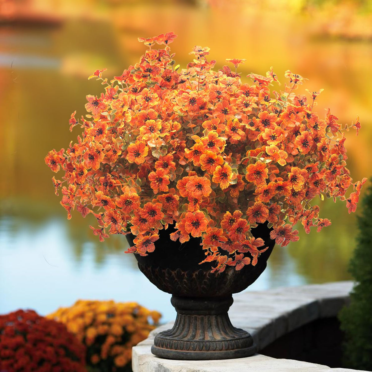 Grunyia 16 Bundles Artificial Fall Flowers for Outdoors Fake Plants UV Resistant Plastic Plants Shrubs Bushes for Home Fall Front Door Porch Garden Autumn Decor (Fall Red)