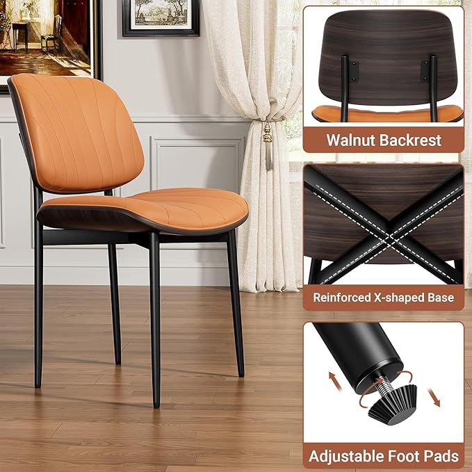 Dining Chairs Set of 8, Mid Century Modern Dining Room and Kitchen Chairs, Upholstered PU Leather Chairs with Walnut Bentwood and Metal Legs, Orange