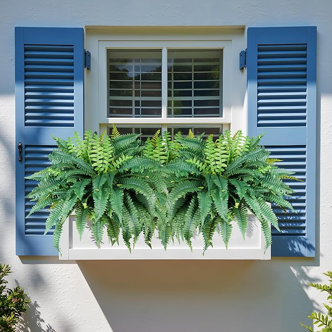 Fake Ferns Artificial Ferns for Outdoors Large Faux Ferns UV Resistance for outdoor Large Planter 25.6In Realistic Artificial Boston Fern Plants for Garden Balcony Terrace Decor，4Pack，60Leaves