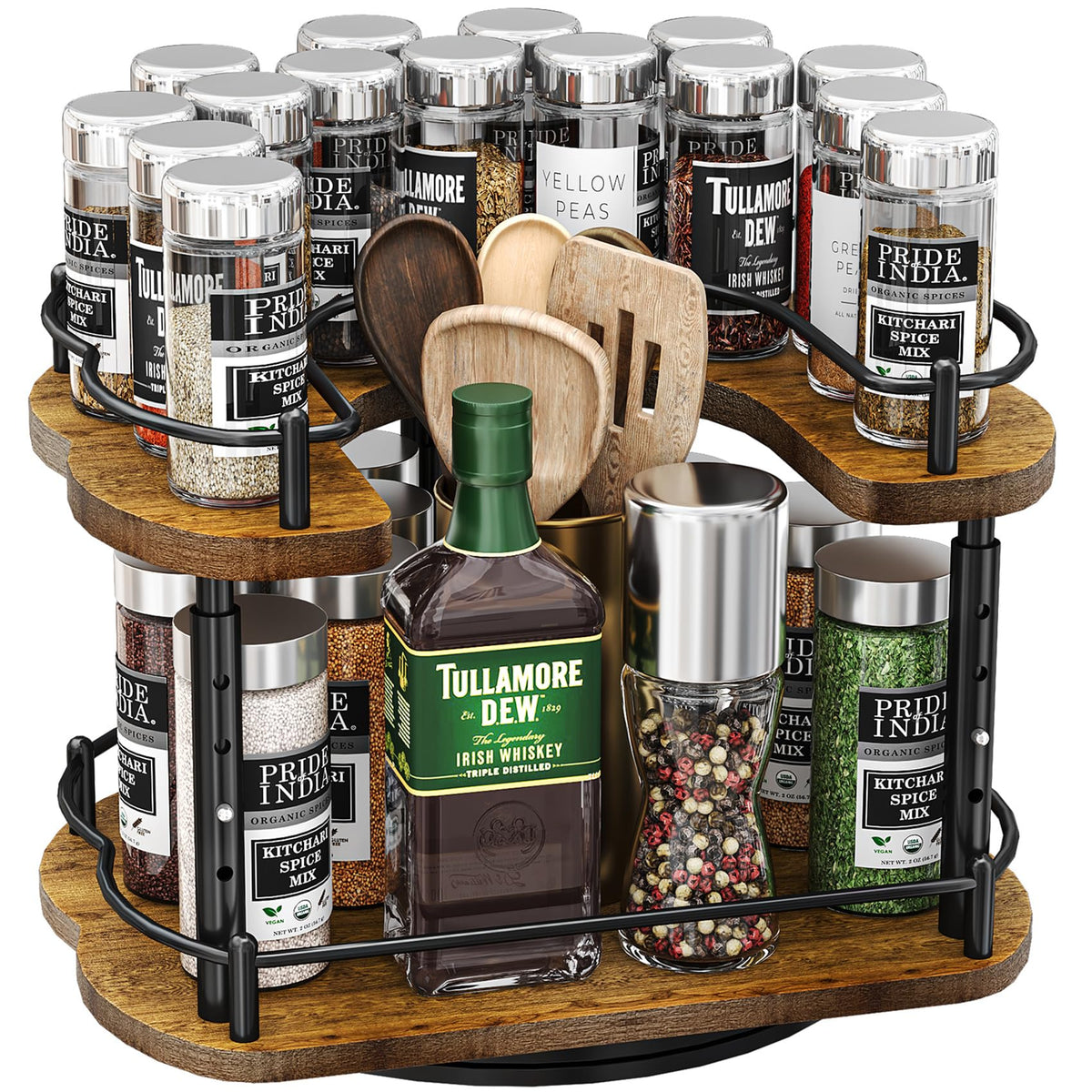 Lazy Susan Organizer Spice Rack - Spice Organization for Cabinet Height Adjustable Rotating Lazy Turntable, Pantry Kitchen Wood Revolving Seasoning Organizer, 12 inches, Black