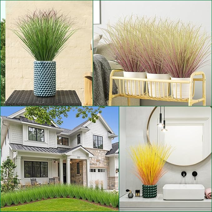 24Pcs Artificial Grass Plants, Faux Shrubs Wheat Grass, Artificial Tall Grass Fake Plants for Outdoor Decor,Artificial Greenery Stems Weed for Room Indoor Home Decor（Green Red Tail）